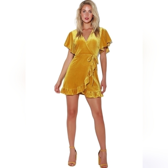 Bb Dakota West Village Golden Yellow Velvet Wrap Dress - Picture 2 of 4